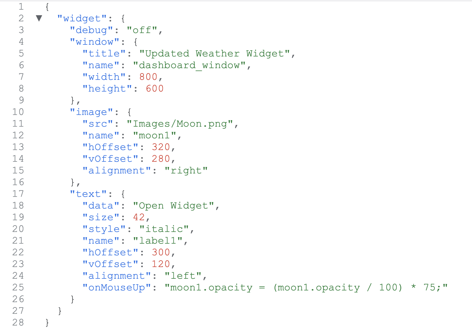 The default formatted JSON viewer in Fast JSON Viewer showing a widget object pretty-printed with line numbers, syntax highlighting and a collapse triangle.